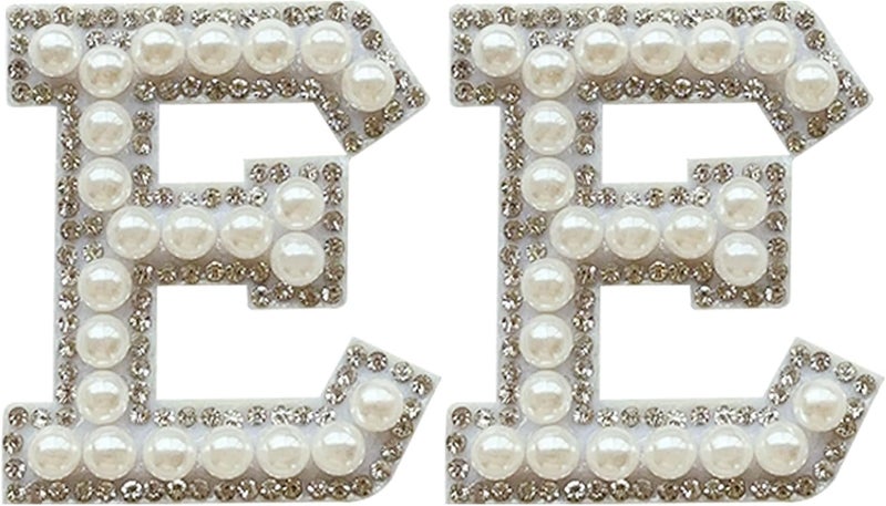 SOYCEV 2PCS White Pearl Iron on Rhinestone & Sequin Sparkly Letter Patches for Backpacks & Clothing - Image 1